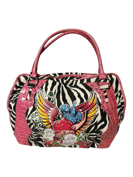The Unbranded Brand Handbags - Y2K Zebra Print Satchel Bag Tattoo Heart Crown Pink Croc Trim Rhinestone Studded